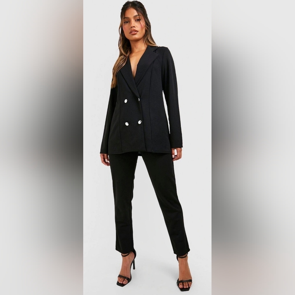 BooHoo Women's Black Jersey Double Breasted Blazer & Trouser Suit Set. Size US 4